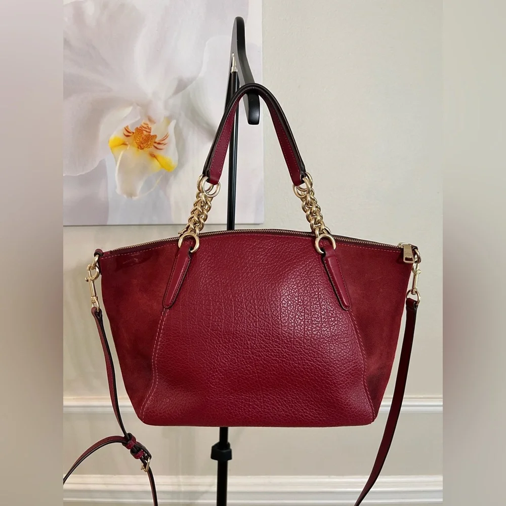 Coach Small Kelsey Chain Satchel In Red Pebble Leather and Suede ♥️ AUTHENTIC! 🥰